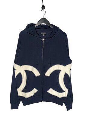 Chanel 2018 White Interlocking CC Logo Navy Blue Hoodie